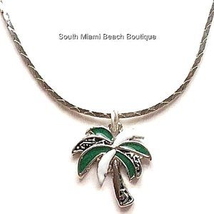 Palm Tree Necklace Silver Plated Island Beach Hawaii Nautical Enamel Coconut 18"